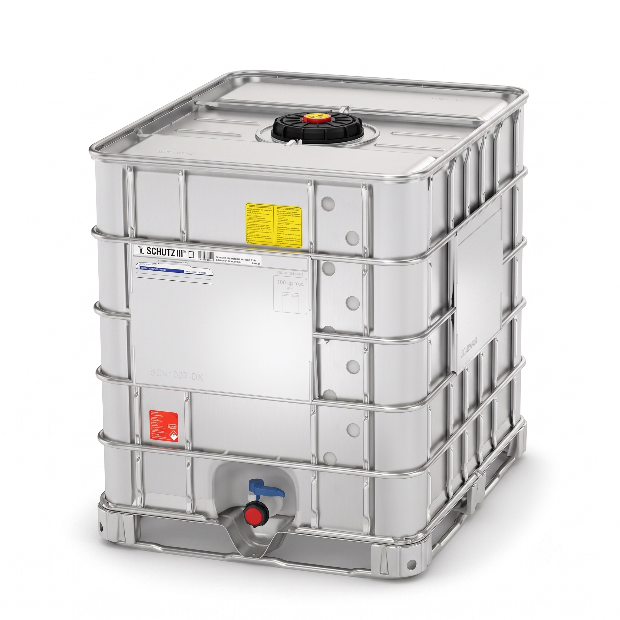 Mytý IBC kontejner 1000 l — kovová paleta, Horní víko DN225, DN 50, oplechovaná klec