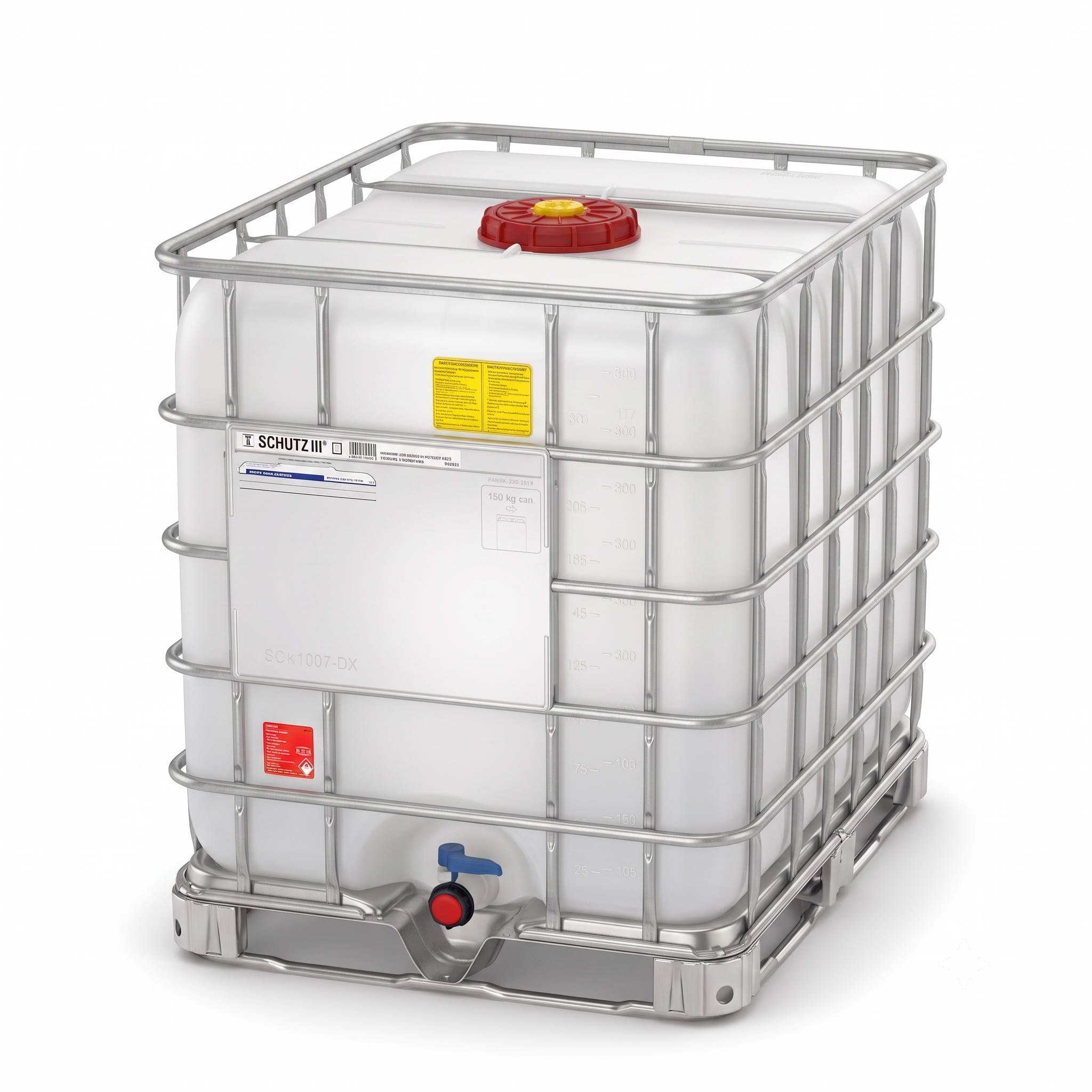 Mytý IBC kontejner 1000 l — kovová paleta, Horní víko DN 225, Ventil DN 50